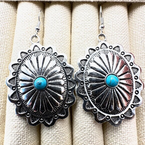 Western Concho Style Silver Tone Chandelier Pierced Earrings Faux Turquoise 2" - Picture 3 of 4